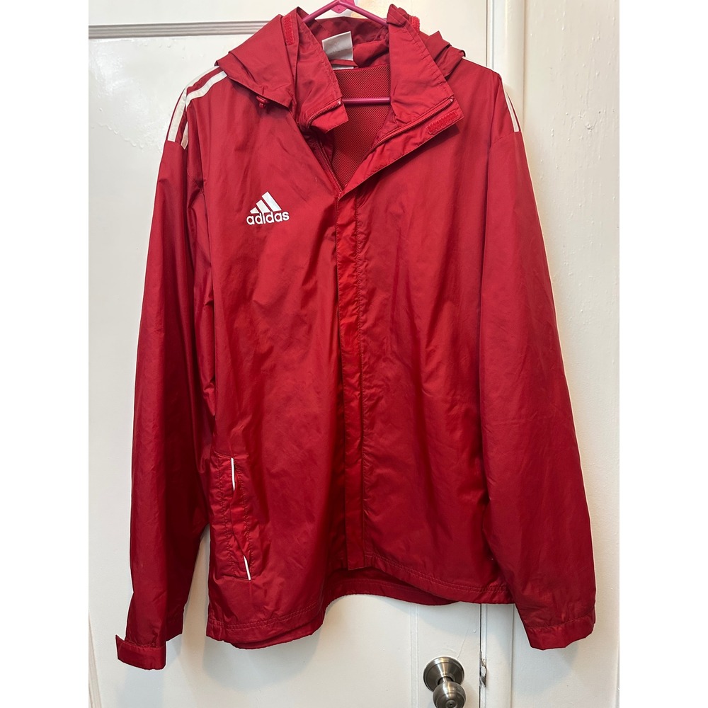 Adidas Mens Red Hooded Windbreaker Jacket Full Zip Mesh Lined 3 Stripe XL